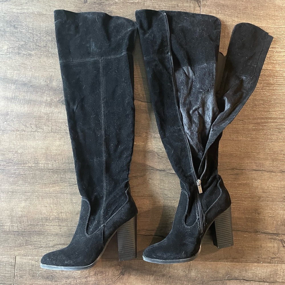 Black suede over the knee boots, faux fur